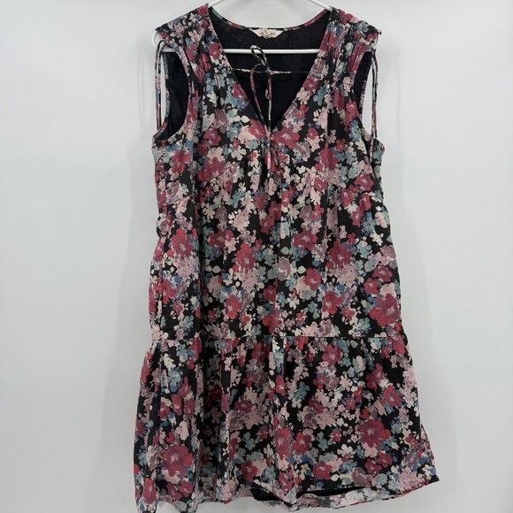 Lucky Brand Dress Women Large Black Pink Floral Sleeveless V Neck Cottage Boho - Picture 1 of 12